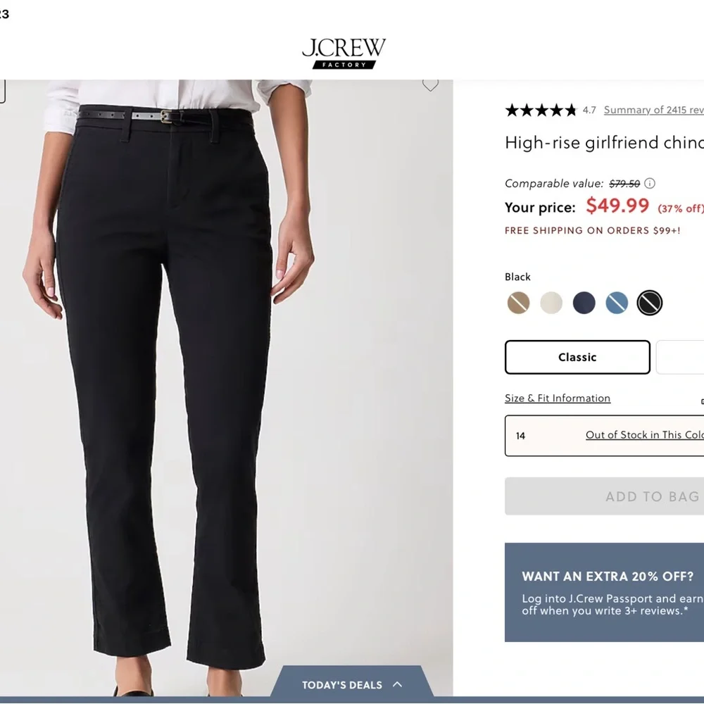 J.Crew High-Rise Girlfriend Chinos. Navy And Black, New With Tags Size 14 - Picture 1 of 5